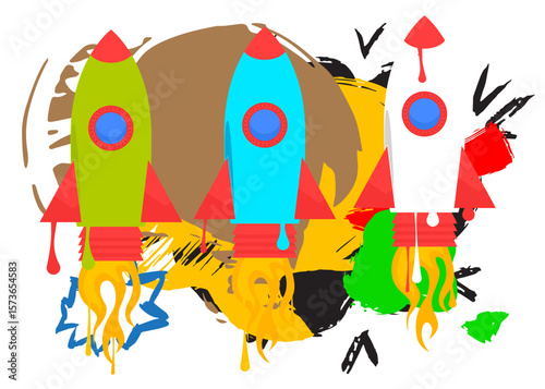 Rocketship graffiti. Abstract modern street art decoration performed in urban painting style.