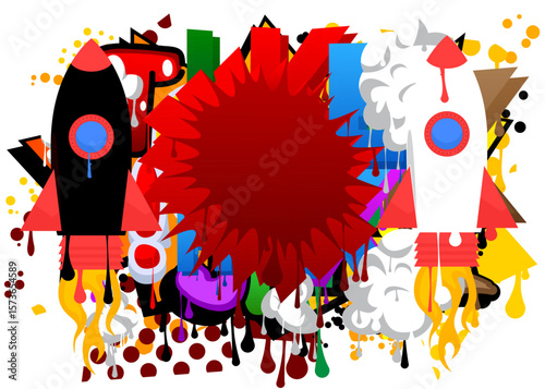 Rocketship graffiti. Abstract modern street art decoration performed in urban painting style.
