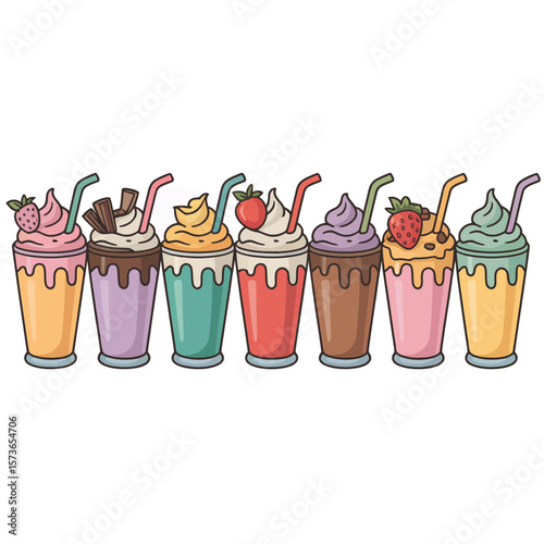 A colorful row of seven delicious milkshakes with various toppings and straws