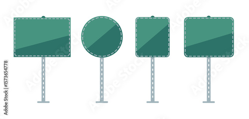 Collection of four blank green road signs with different shapes on white background