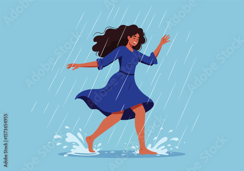 Joyful Woman Running Barefoot in Rain Wearing Blue Dress Arms Outstretched.