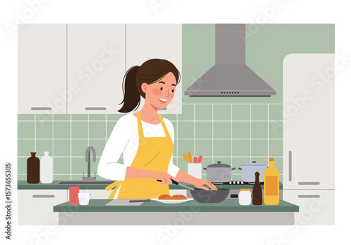 Smiling Woman Cooking in Yellow Apron Stirring Food in Wok.