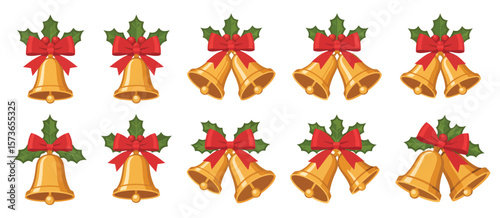 Collection of golden christmas bells decorated with red bows and holly leaves