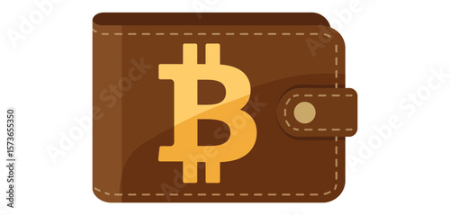 Brown leather wallet with a golden bitcoin symbol on a white background