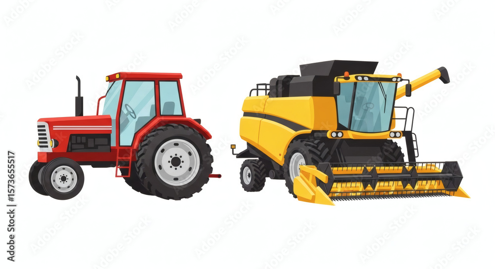 Fototapeta premium Farming Equipment Illustration: A vibrant illustration features a red tractor and a yellow combine harvester, symbolizing agricultural efficiency and progress.