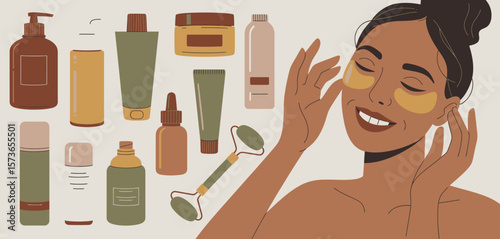 Woman enjoying skincare routine with beauty products and facial roller