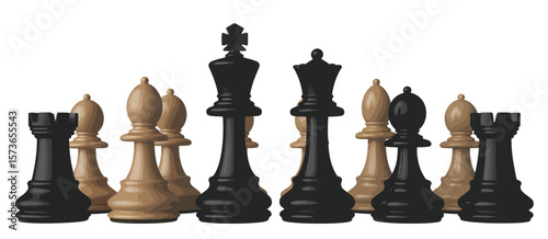 Black and tan chess pieces arranged in a line against a white background