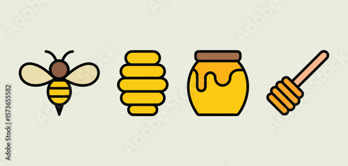 Collection of simple flat design icons representing a bee honey pot honeycomb and dipper