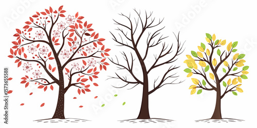 Tree of Seasons: A vibrant depiction of the cyclical beauty of nature, illustrating the changing seasons with three stylized trees in different stages of foliage.