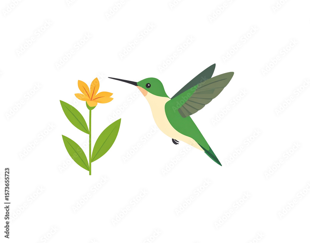 Obraz premium Cartoon Hummingbird Hovering Near a Yellow Flower with Green Leaves.