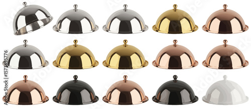 Collection of gleaming metal and white food cloches or serving domes in various colors