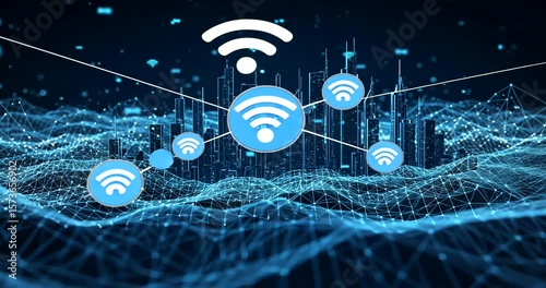 Futuristic Smart Cityscape with Wireless Connectivity and Digital Network Technology