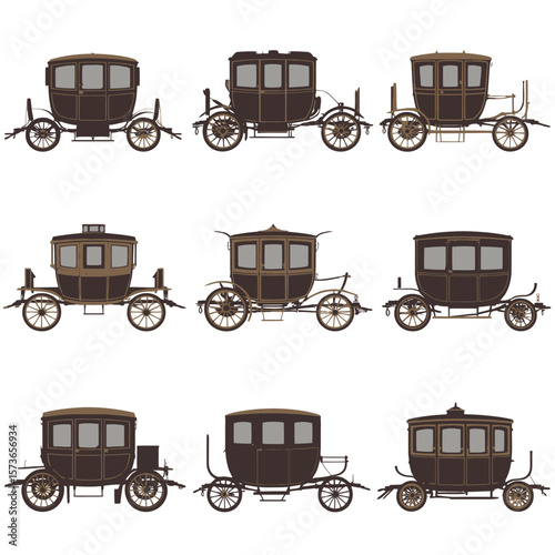 Collection of nine different antique horse drawn carriages and coaches
