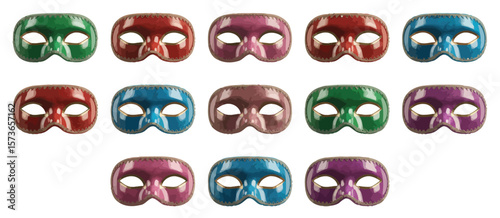 Collection of colorful venetian masquerade masks arranged in rows against a white background