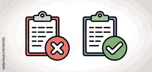Two clipboards with checkmark and cross symbols indicating approval and rejection