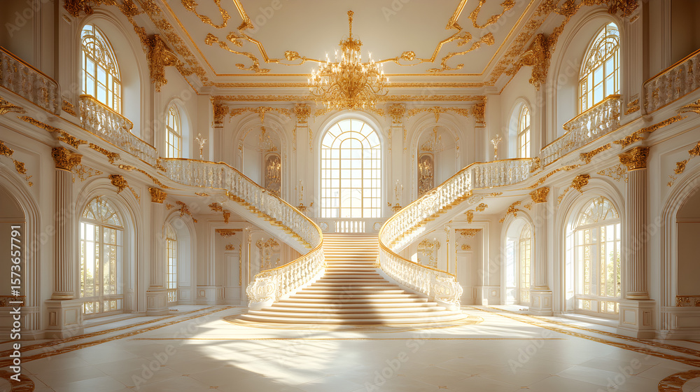 Fototapeta premium Illustration of a vintage luxury Victorian ballroom interior featuring an empty grand hall with retro sofas, ornate golden chandelier, elegant staircase, and balconies showcasing historic opulence and