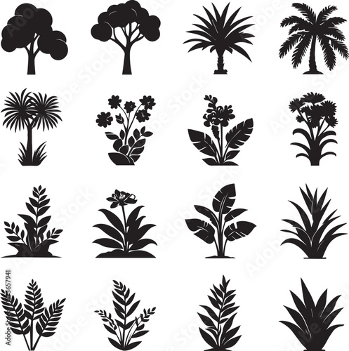 Collection of Diverse Plant Silhouettes Trees, Flowers, and Ferns