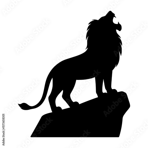 Lion silhouette roaring on big rock