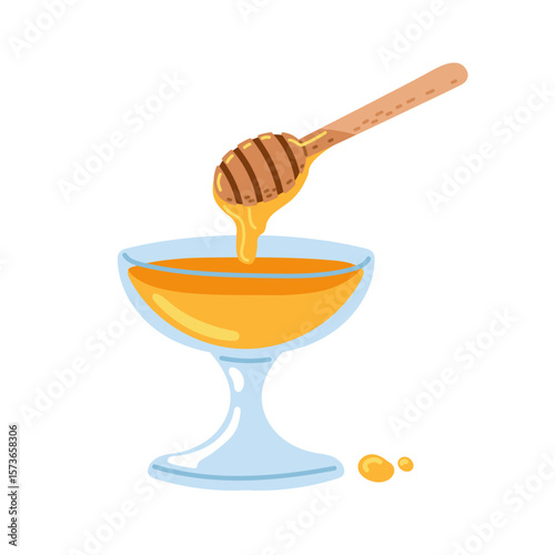 Dripping honey from a wooden dipper into a glass bowl on a white background