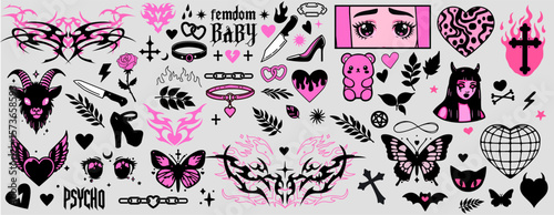 Vector illustration in Y2K and grunge tattoo style, combines gothic, cute, and edgy motifs. Main colors are pink, black, and white, featuring hearts, butterflies, crosses, flames, eyes, etc.