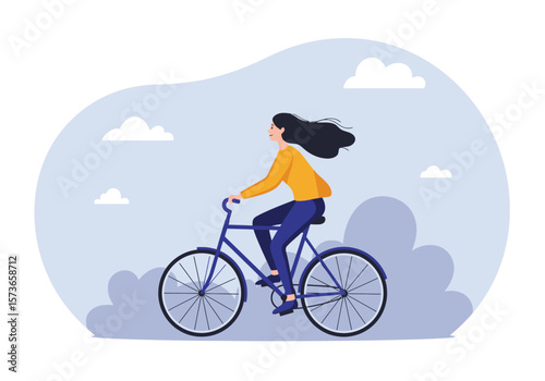Woman with flowing hair riding a blue bicycle in a stylized illustration.