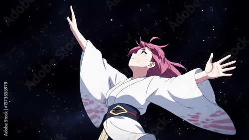Wallpaper Mural Anime girl with pink hair and white kimono reaches toward star-filled night sky Torontodigital.ca
