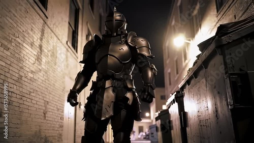 Wallpaper Mural Armored knight stands watch in a dimly lit alleyway at night, ominous and imposing Torontodigital.ca