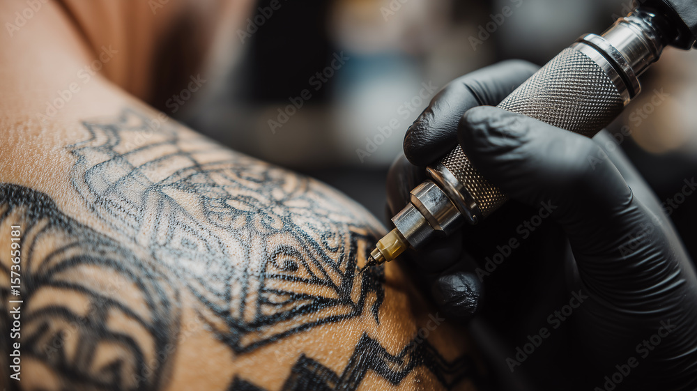 Fototapeta premium A Detailed Tattoo Artistry moment revealing a gloved artist skillfully inking intricate patterns onto skin. 