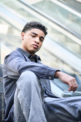 Young Dominican man with a confident look and full lips sits on stairs in a casual portrait. His attractive appearance and self-assurance make a strong impression in an urban setting.
