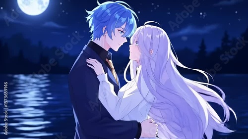 Wallpaper Mural Animated couple embraces lovingly by moonlit waters, stars gleaming in the dark blue sky Torontodigital.ca