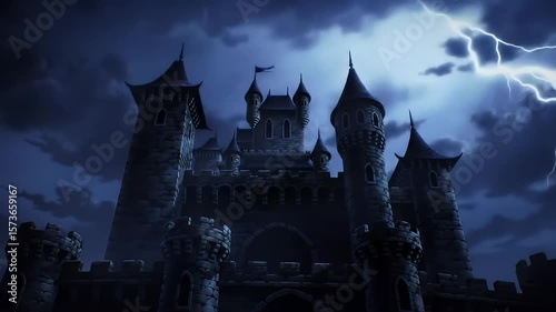 Wallpaper Mural Dark stone castle with spires stands under a stormy night sky with lightning Torontodigital.ca