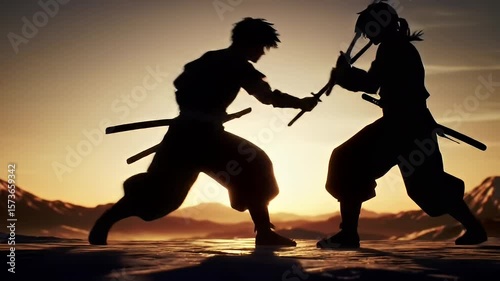 Wallpaper Mural Two silhouetted warriors clash swords against a golden sunset backdrop with snowy mountains Torontodigital.ca