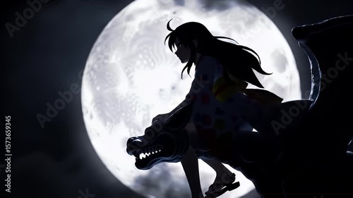 Wallpaper Mural Girl riding a dog-like stone creature with large moon behind, mostly in silhouette Torontodigital.ca