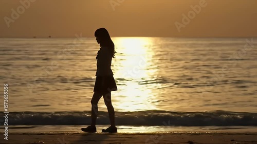 Wallpaper Mural Silhouette of a woman walking on a beach during sunset with sun reflecting on the water Torontodigital.ca