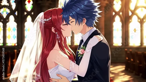 Wallpaper Mural Anime bride adjusts groom's boutonniere, stained-glass windows in the background Torontodigital.ca