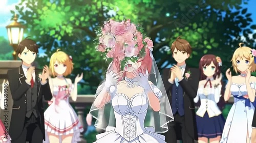 Wallpaper Mural Anime-style wedding scene with a pink-haired bride and cheering wedding guests in a garden Torontodigital.ca