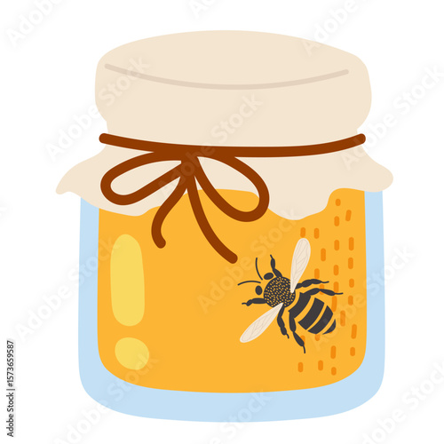Colorful jar of honey with a decorative bee illustration on a simple background