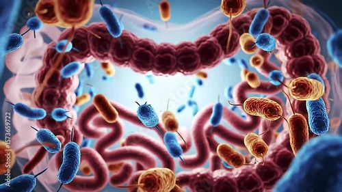 Wallpaper Mural Microscopic view of intestinal bacteria with blue, orange and red colors Torontodigital.ca