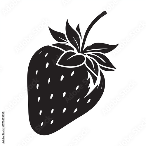 A single strawberry with a leaf showing in minimalist silhouette Vector illustration, strawberry silhouette vector illustration white background 