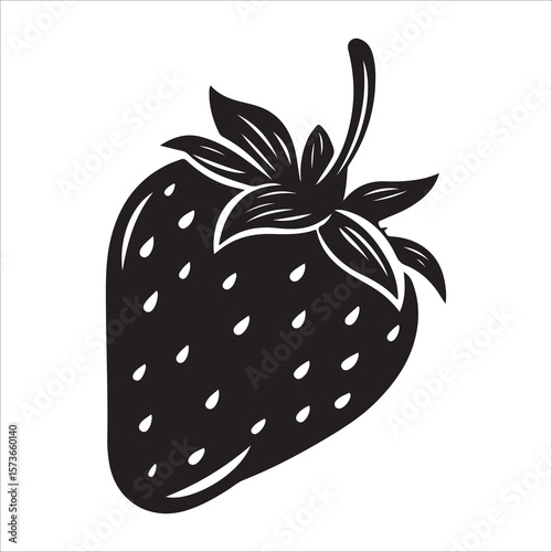 A single strawberry with a leaf showing in minimalist silhouette Vector illustration, strawberry silhouette vector illustration white background 