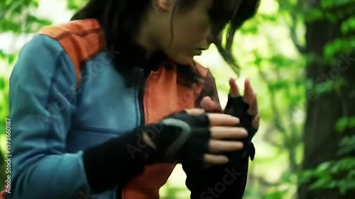 Woman in two-tone jacket outdoors with green foliage background, focus on hand gesture