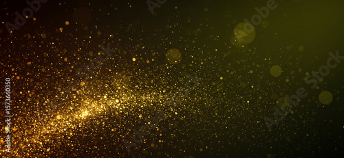 Abstract background with golden sparkling dust and bokeh lights on a dark surface, creating a festive yet elegant tone ideal for upscale branding or celebration graphics