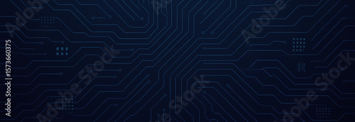 Abstract dark blue background with circuit board pattern and radial blur effect, capturing the sense of fast digital flow and immersive virtual interfaces