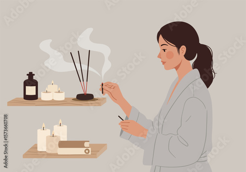 Woman in Robe Lighting Incense Stick for Relaxation and Aromatherapy.