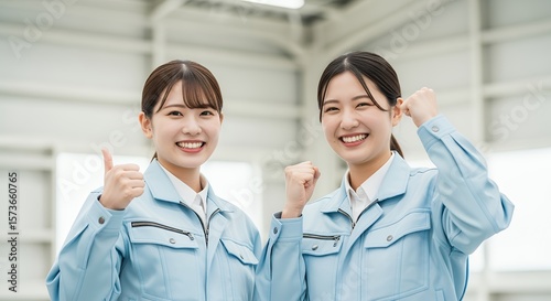 笑顔でガッツポーズする二人の女性作業員