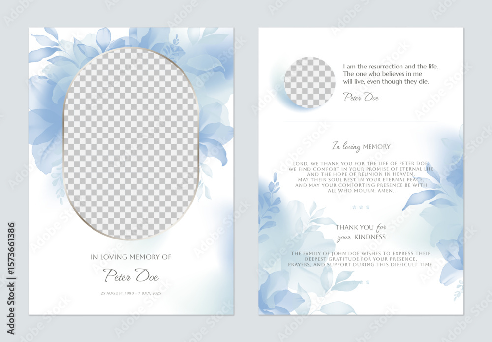 custom made wallpaper toronto digitalFloral memorial card template, featuring elegant translucent flowers and leaves in shades of blue on a solid white background