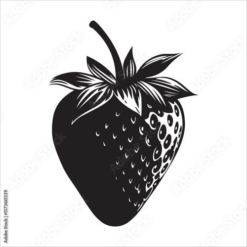 A single strawberry with a leaf showing in minimalist silhouette Vector illustration, strawberry silhouette vector illustration white background 
