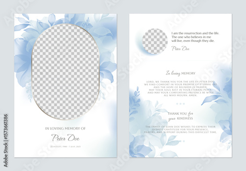 Floral memorial card template, featuring elegant translucent flowers and leaves in shades of blue on a solid white background