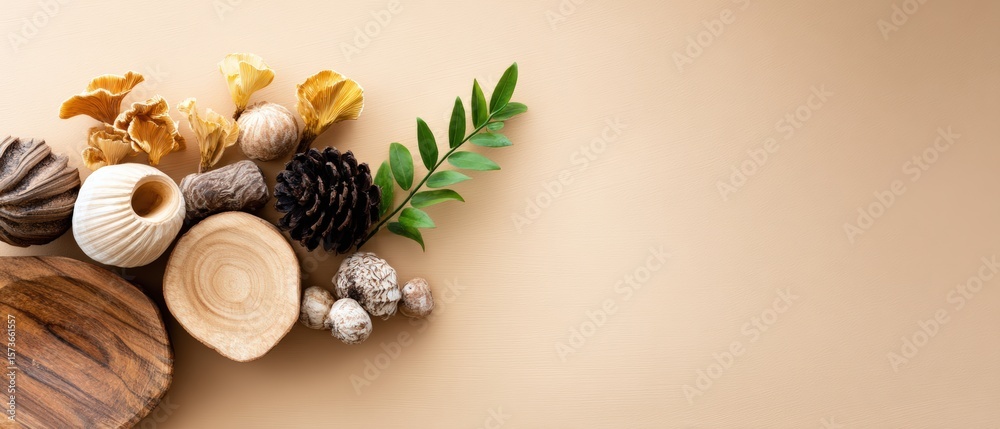 Obraz premium Elegant Christmas or winter holiday decoration featu natural wood ornaments pinecones beige baubles and green foliage on a neutral background