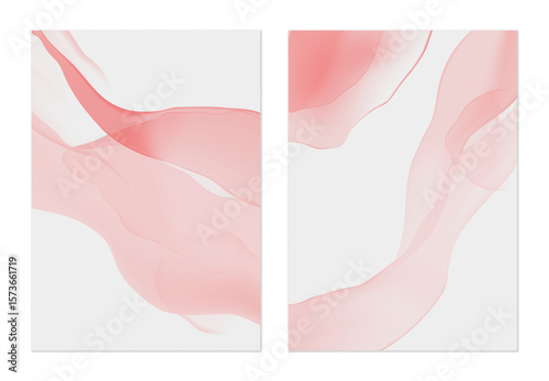 Minimalist abstract background, flowing forms with a translucent watercolor effect in shades of pink on a light gray background